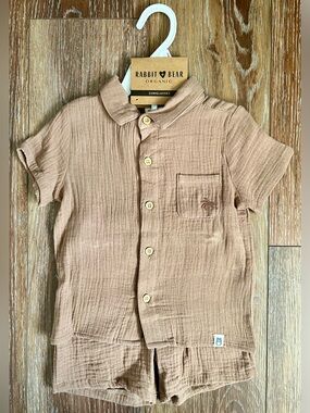 Rabbit + Bear Organic Cotton Linen Button Down Shirt & Short Set Size 2T